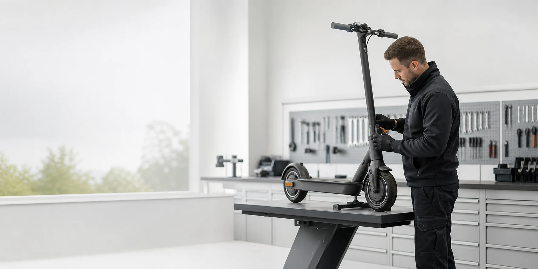 Techniker prüft einen E-Scooter in einer hellen Werkstatt