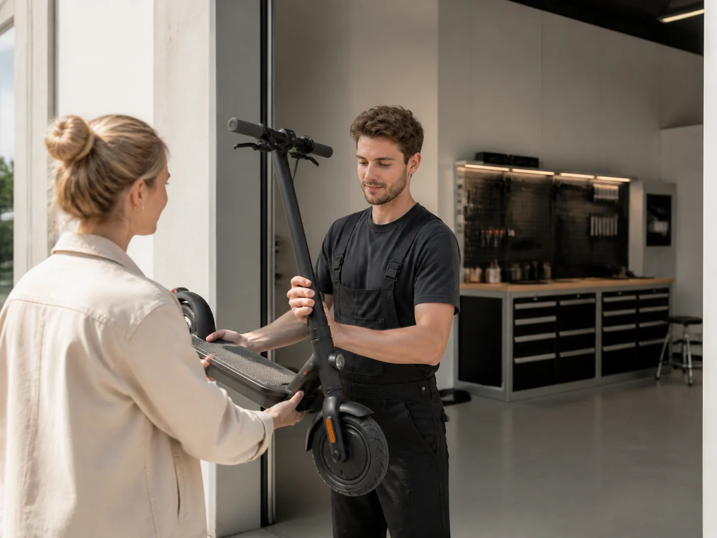 Kundin übergibt ihren E-Scooter an einen FIXO Mobile Techniker